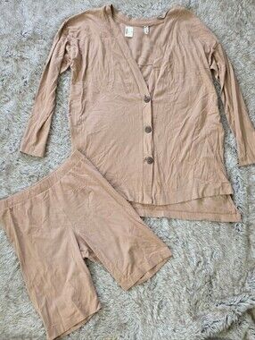 Free People Intimately Taupe Lounge Button Cardigan & Shorts Set Women's Large
